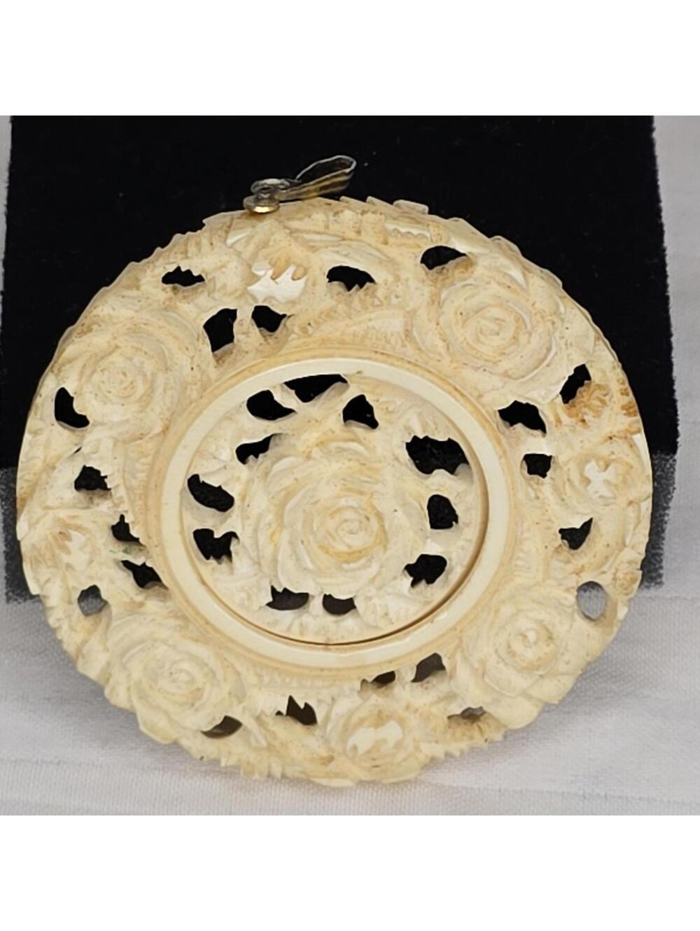 Antique 1930's Ivory Carved Rose Flower Pendant